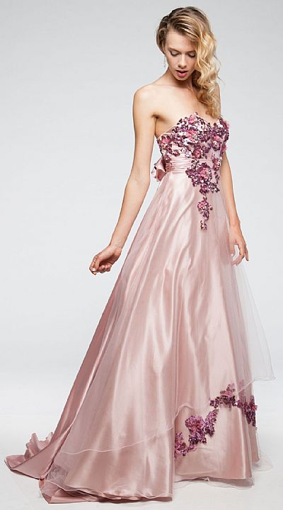 Strapless Floral Pattern Satin & Mesh Prom Ball Gown a223