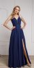 V-Neck Rhinestones Belt Front Slit Long Bridesmaid Dress in Navy