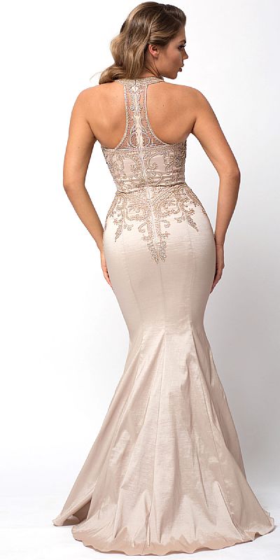 Embellished Bodice Round Neck Fit-n-Flare Long Prom Dress a564