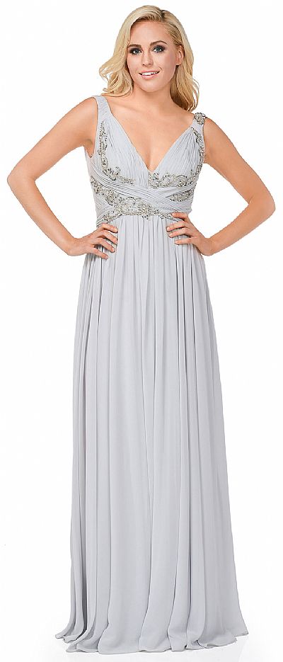 Deep V Neck Ruched Floor Length Formal Prom Dress 16111