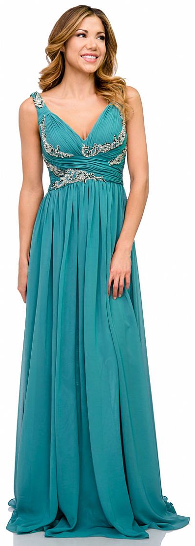 Deep V Neck Ruched Floor Length Formal Prom Dress 16111