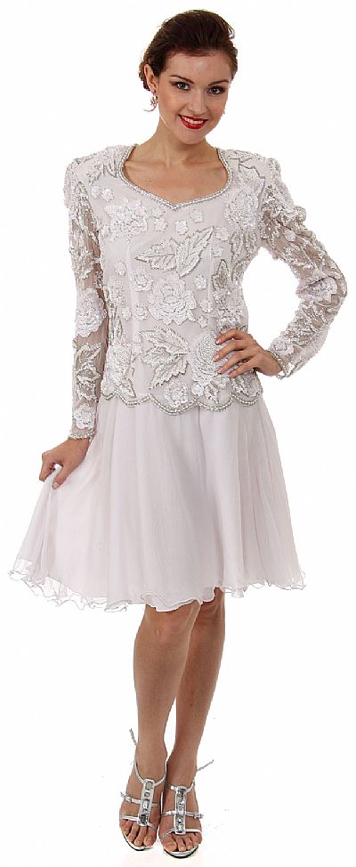 Full Sleeves Knee Length Beaded Bodice Cocktail Dress 2922