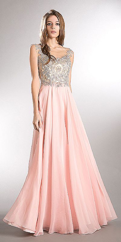 Beaded Brocade Lace Mesh Top Long Formal Prom Dress a744