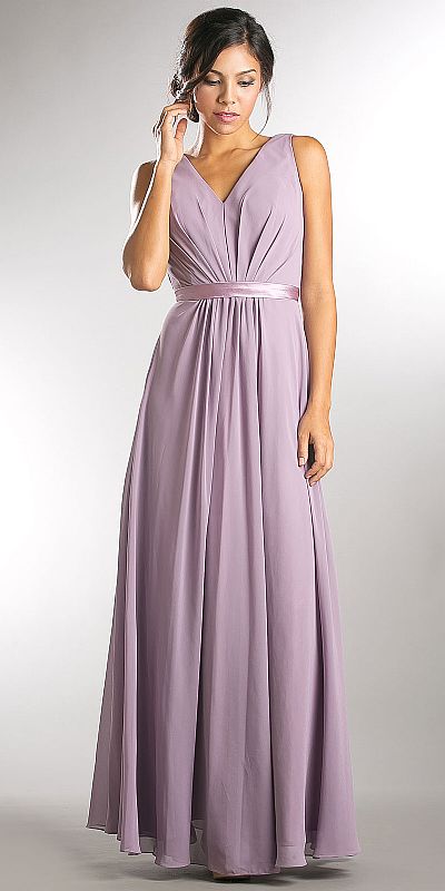 V Neck Sleeveless Ruched Bodice Long Bridesmaid Dress A814