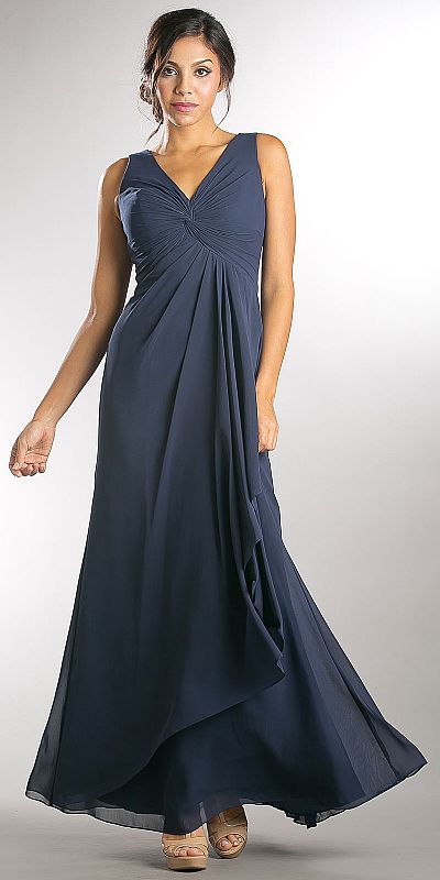 V-Neck Ruched Twist Knot Bust Long Bridesmaid Dress a815