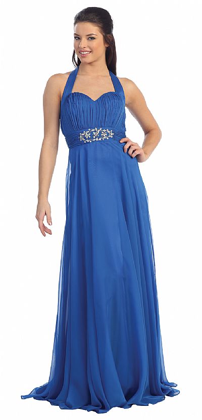 Halter Neck Empire Cut Formal Dress with Beaded Waistband p8274