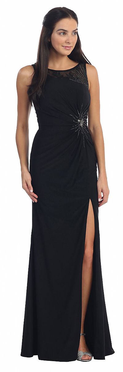 Sleeveless Beaded Front Slit Long Formal Prom Dress p8879