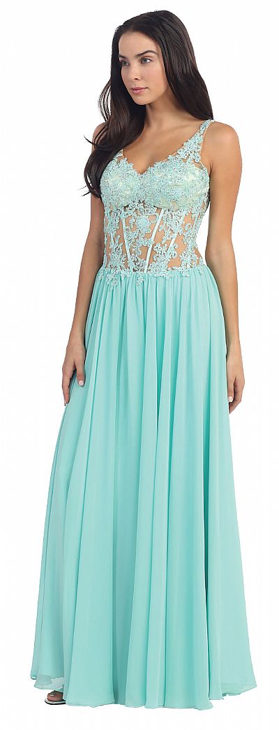 V-Neck Sheer Lace Beaded Bodice Long Formal Prom Dress p8940