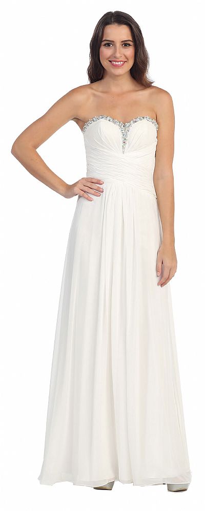 Strapless Beaded & Pleated Long Formal Bridesmaid Dress s548