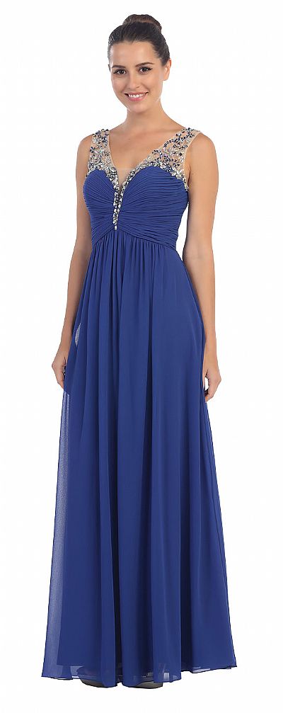 V-Neck Bejeweled Bust & Shoulders Long Formal Evening Dress sl6093