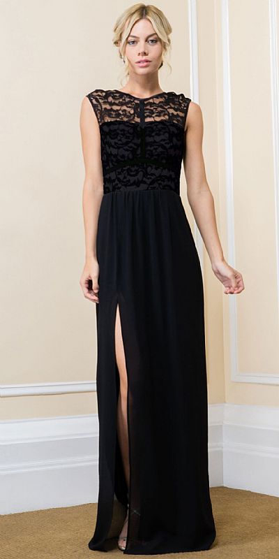 Lace Top Boat Neck Long Evening Gown with Front Slit 11548