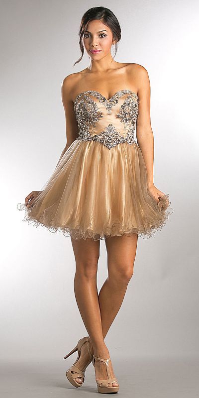 Strapless Satin Beaded Top Short Tulle Homecoming Dress a751
